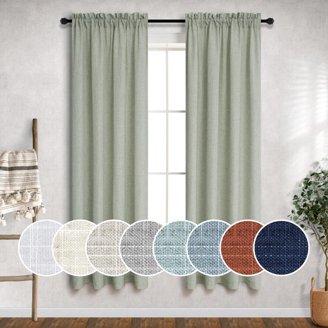 Mrs.Naturall Sage Green Curtains 38 Inch Wide for Kitchen 2 Panel Sets Rod Pocket Semi Sheer Neutral Linen Light Small Side Windows Bathroom Laundry Room Front Doors Narrow Skinny 38x63 Length