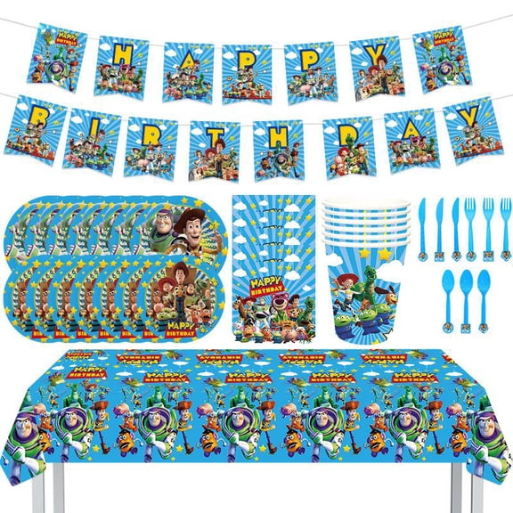 Buzz Lightyear Birthday Party Decorations - Woody Themed Supplies Includes Plates, Cups, Napkins, Banner, Cutlery, Tablecloth, Toppers