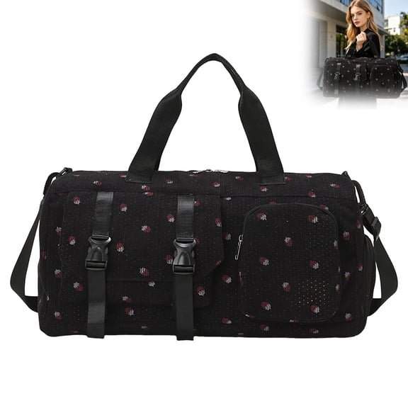 Corduroy Strawberry Travel Duffel Bag for Women Girls Large Weekender Bag with Shoe Compartment Wet Pocket Foldable Overnight Dance Gym Sports Bag (Black)