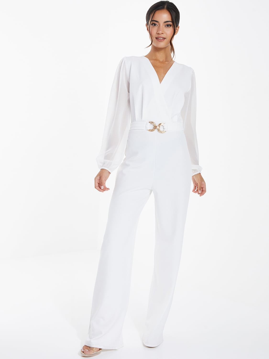 QUIZ Women's White ChiffonSleeve Buckle Palazzo Jumpsuit