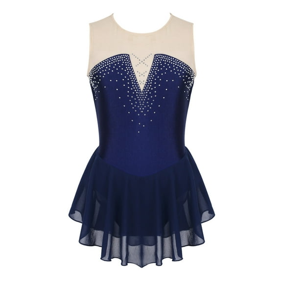 iEFiEL Kids Girls Sleeveless Sparkly Rhinestone Ballet Dance Leotard Mesh Splice Skating Gymnastics Dress