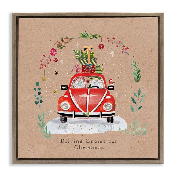 Stupell Industries Farmhouse Driving Gnome For Christmas Brown Floating Frame Canvas Art, 25 x 25, by Sally Darby