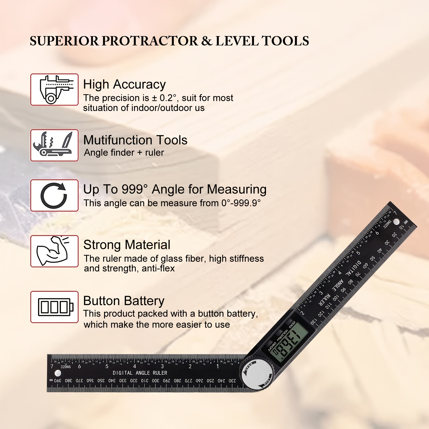 Digital Angle Finder Protractor, 2 In 1 Angle Finder Ruler With 7 Inch/200mm, Angle Measuring Tool For Woodworking/Carpenter/Construction/DIY Measurement