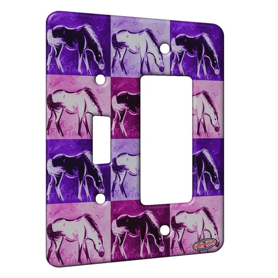 KuzmarK™ 2 Gang Single Toggle / Single Duplex Rocker Wall Plate - Marsh Tacky Pony in Purple Mustang Wild Horse Pink Pattern Art by Denise Every