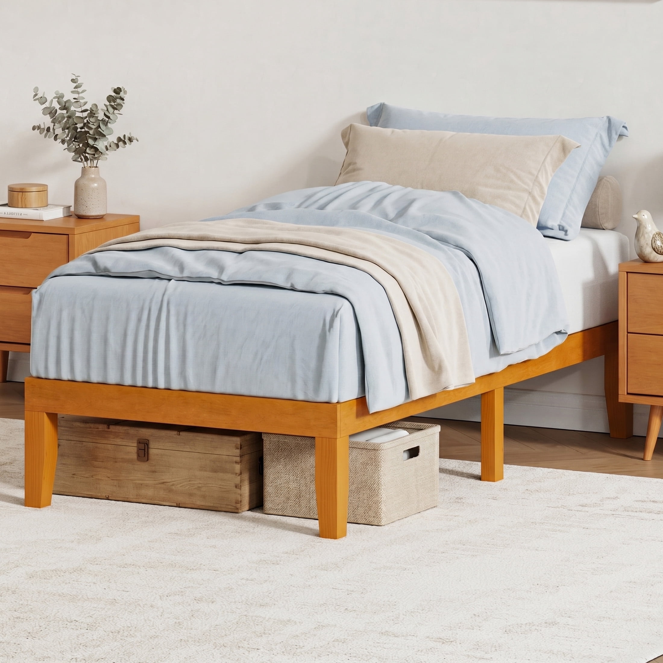 EDX 14 inch Twin Bed Frame, No Box Spring Needed, Wooden Platform Bed Frame Mattress Foundation with Support Slats, Natural Pine