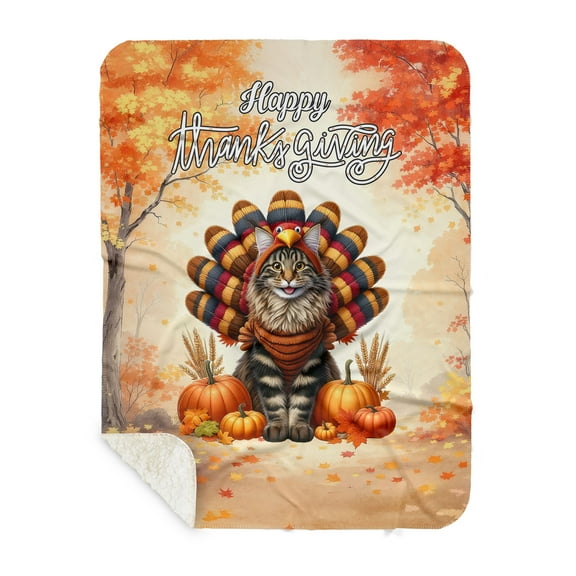 Happy Thanksgiving Maine Coon Turkey Costume Pumpkins Autumn Leaves Cozy Sherpa Blanket Cat Lover Kitten Owner Gifts Warm Soft Throw Blanket - 130144