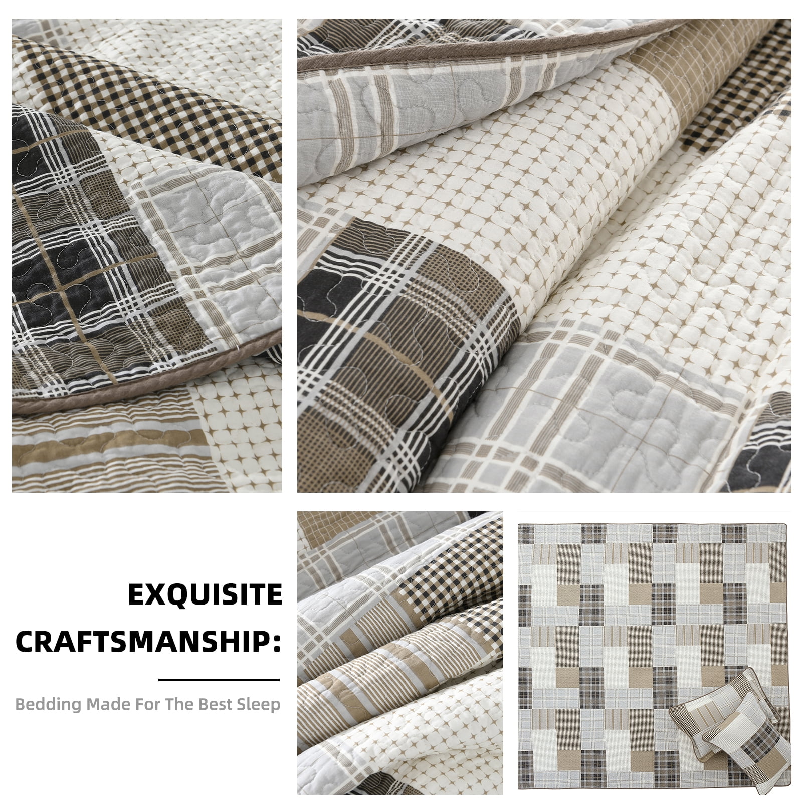 PANGUSHAN Farmhouse Patchwork 3 -Piece Cream/Beige/Gray Bedding Sets, Queen