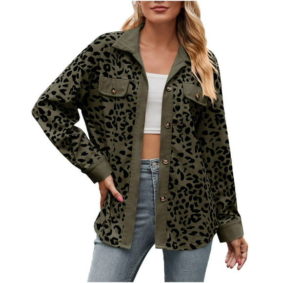 CEHVOM Women's New Leopard Print Button Long Sleeve Jacket Shirt Coat Clearance