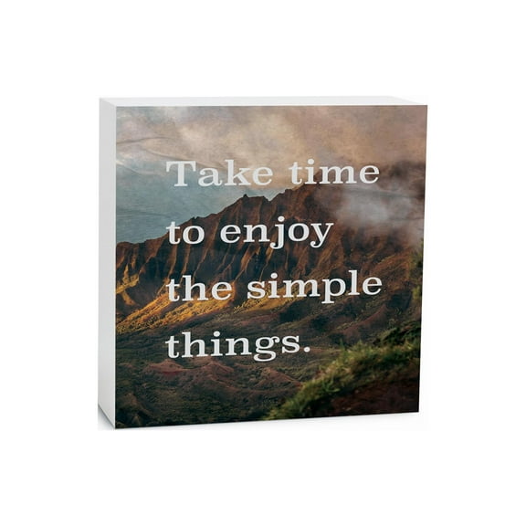 Enjoy Simple Things Misty Brown Mountain 5 x 5 Wood Tabletop Sign Plaque