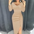 thumbnail image 2 of under 10.00 LYXSSBYX Womens Dresses under 10.00 Ladies V-Neck Bag Hip Slim Long-Sleeved Pleated Slit Pure Color Flashing Evening Dress, 2 of 5