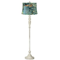 360 Lighting Shabby Chic Floor Lamp 60" Tall Antique White Washed Peacock Print Drum Shade for Living Room Reading Bedroom Office