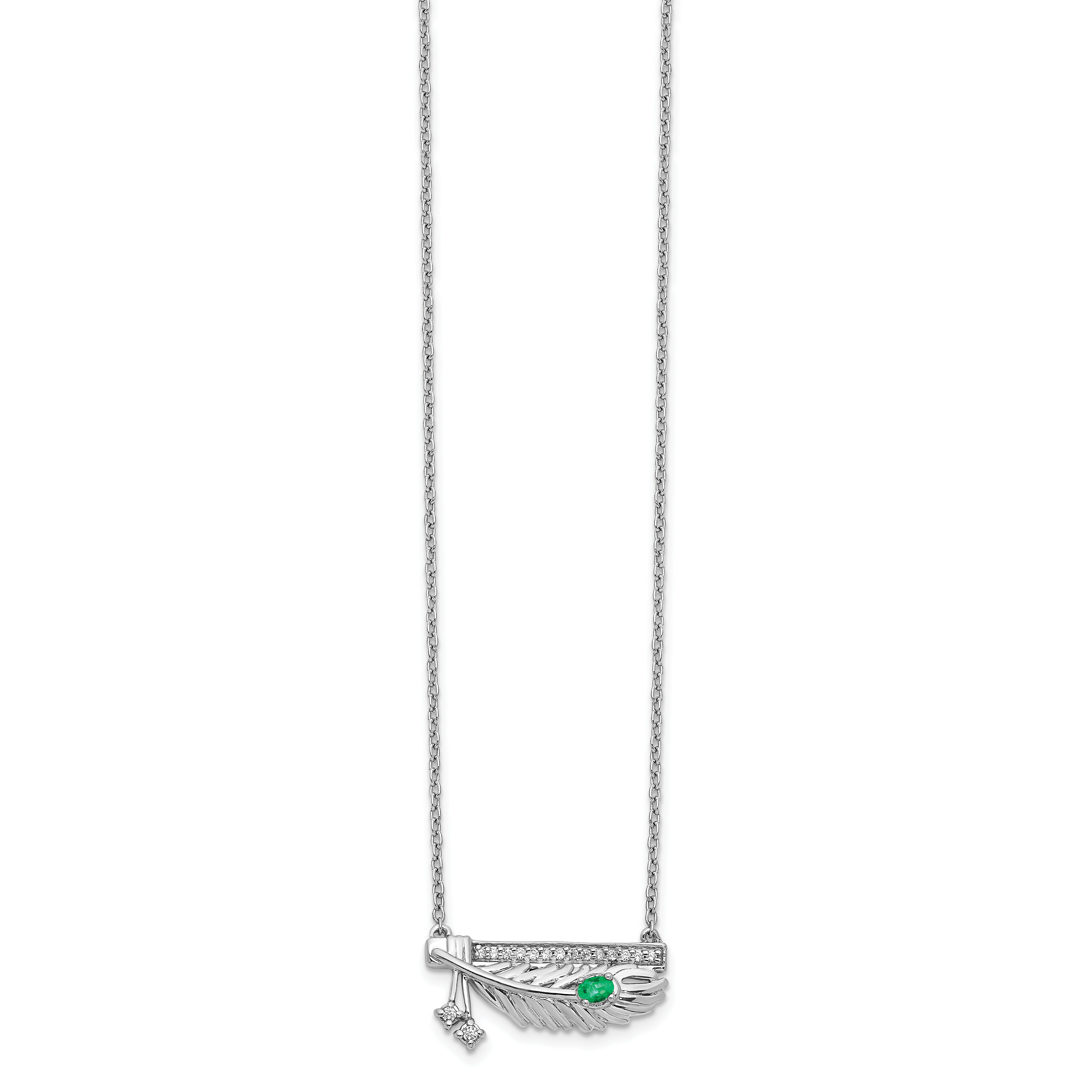 Saris and Things 14K White Gold Plated Diamond Bar with Emerald Feather Pendant Necklace