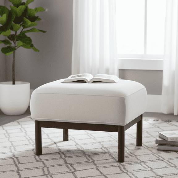 Modern Upholstered Ottoman, Square Footrest Stool with Solid Wood Legs for Living Room, Bedroom, Entryway