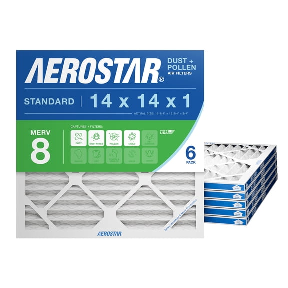 Aerostar 14x14x1 MERV 8 AC Furnace Air Filter, Pleated HVAC Filter, MPR 600 FPR 5, Allergen Defense, 6-Pack, Made in USA