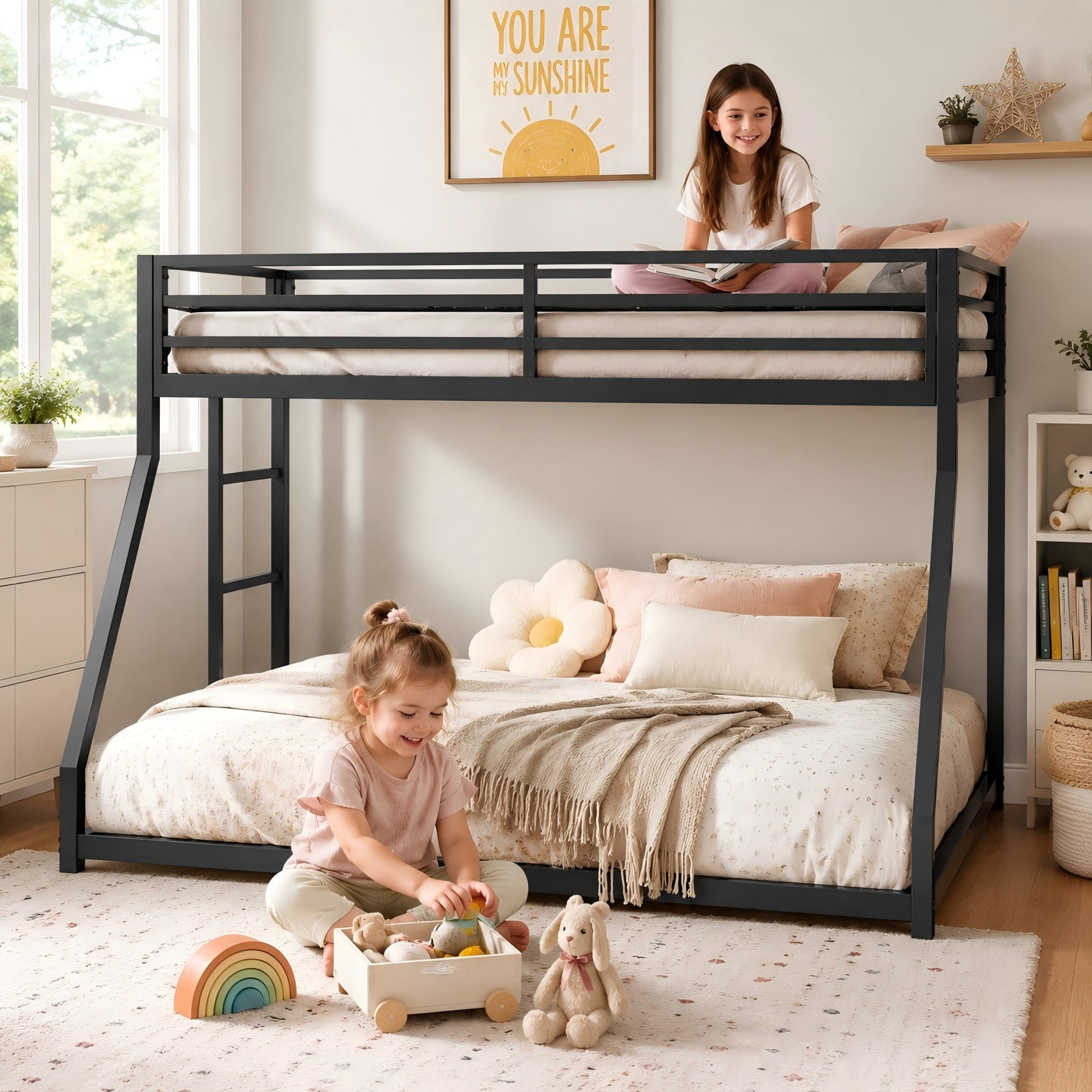 Aukfa Twin over Full Metal Bunk Bed for Kids and Adults, Low Profile Bunk Bed, Heavy-Duty Steel Slats, No Box Spring Needed, Black