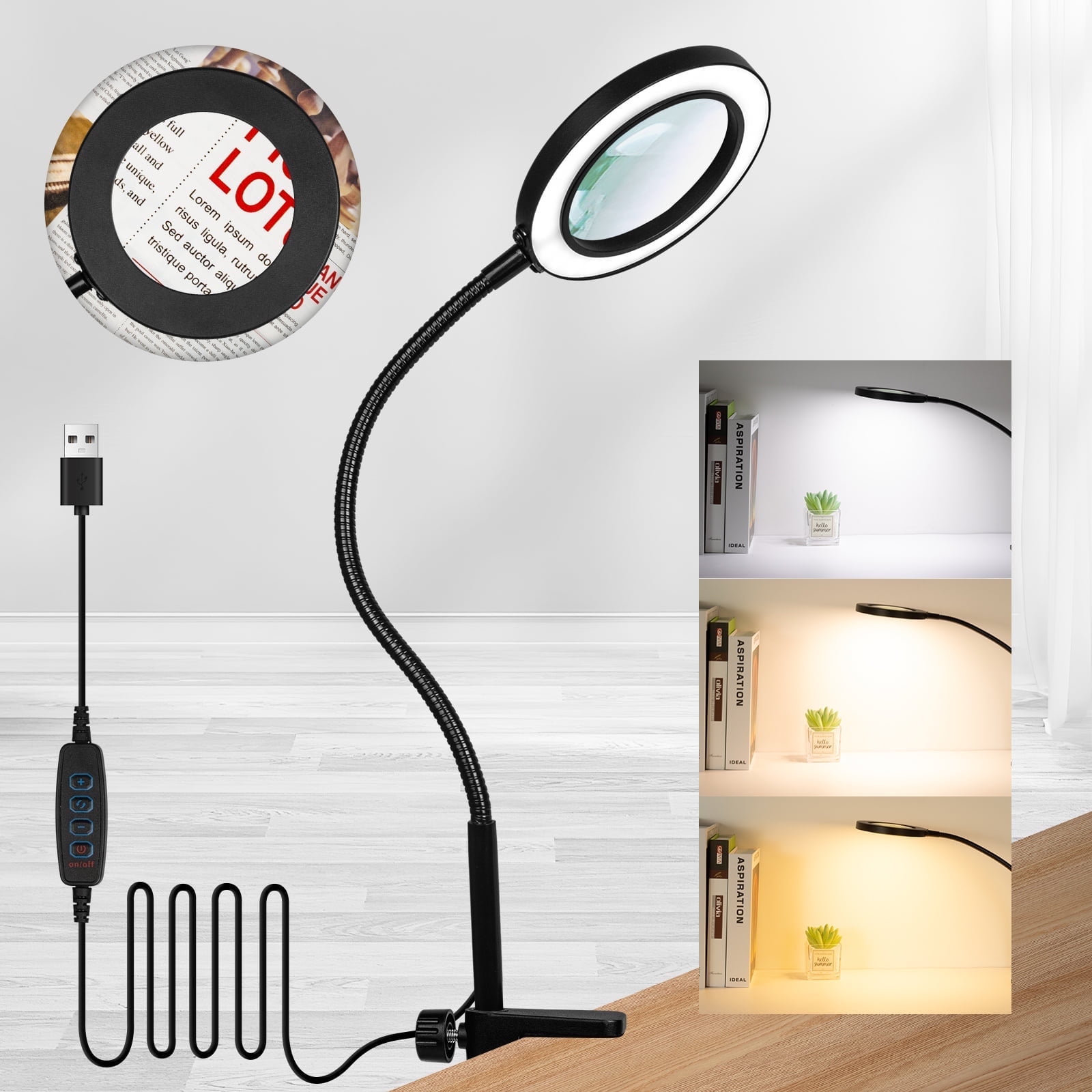 Magnifying Glass with Light and Clamp, 3 Color Modes Magnifier, Stepless Dimmable LED Magnifier Lamp with Clip, 360Â° Gooseneck Swivel Arm Light for Crafts, Repair Workbenches Close Works