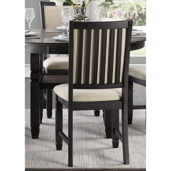 Newboti Furniture Beautiful Black Finish Wooden Side Chairs 2pcs Set Beige Color Textured Fabric Upholstered Dining Chairs 03537