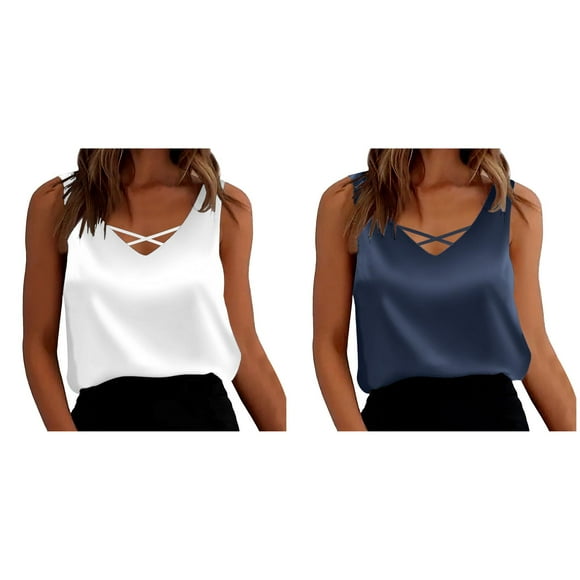 (2-Pack) Rinsvye Womens Satin Tank Top A Tops Strap Basic Summer Vest 2X Womens Tops Plus Size Shirt Casual V Neck Active Top Women Sleeveless Blouses