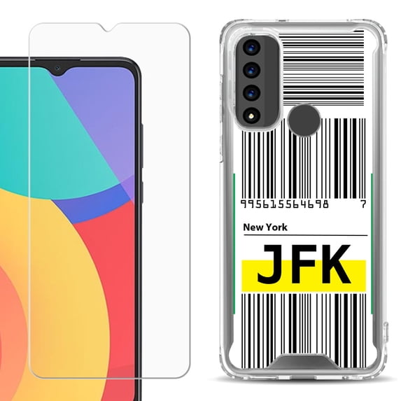 Shockproof Bumper Phone Case for TCL 20 XE, with Tempered Glass Screen Protector, by OneToughShield ® - Airport Tag / New York