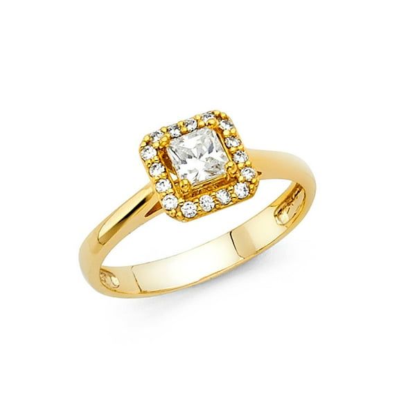 0.75ct Halo Princess & Round Set CZ Bridal 14k Yellow Gold Engagement Ring