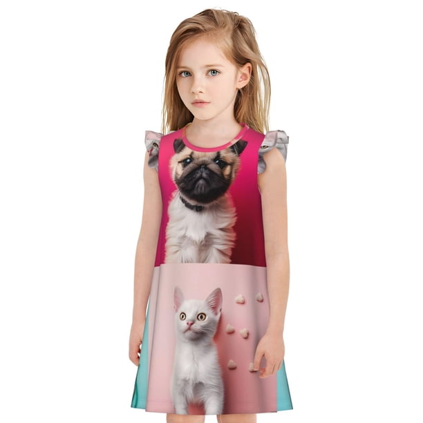 Balery Colorful Dog Cat Collage Camisón de princesa para niñas, pijama de algodón con mangas abullonadas, suave y bonito.-Small