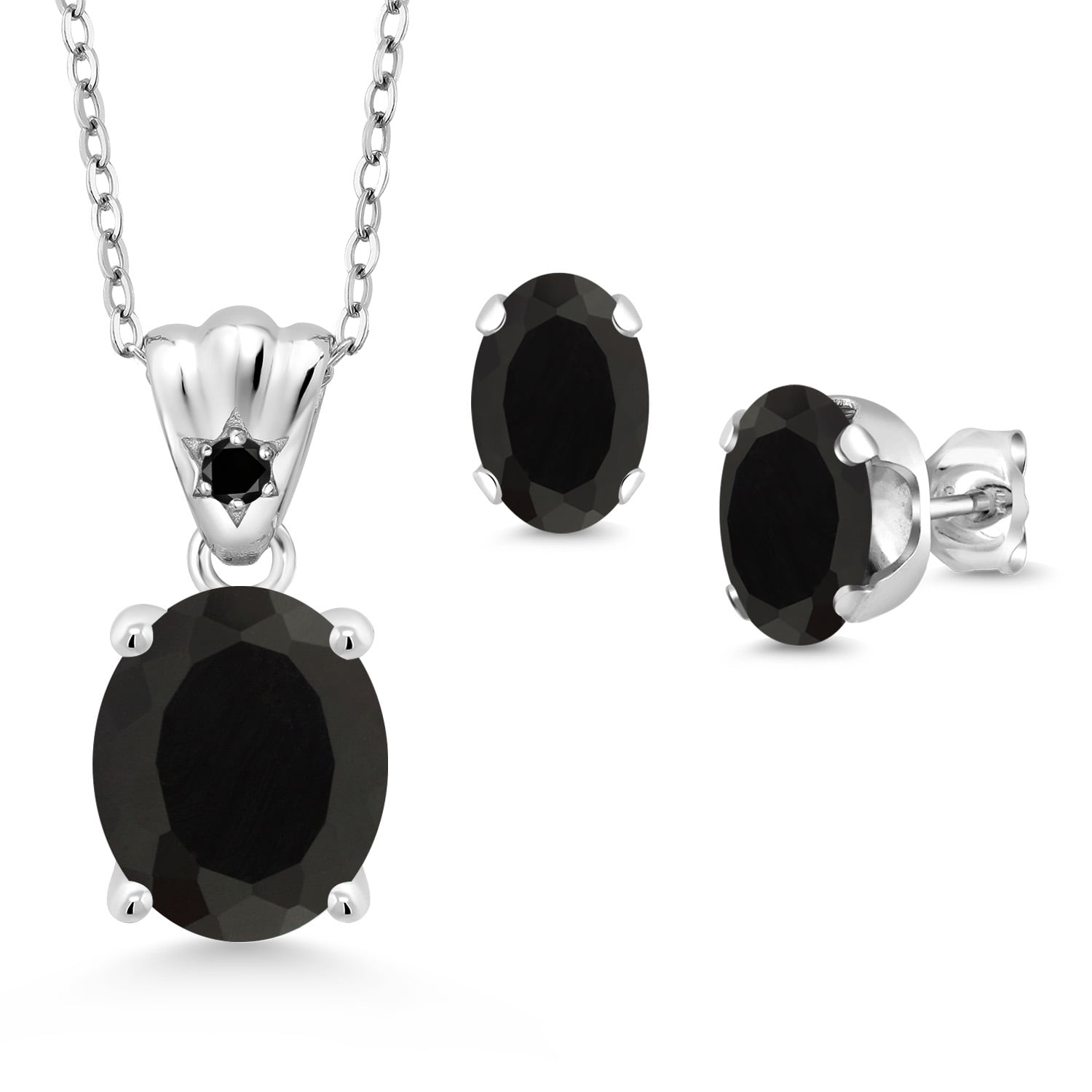 Gem Stone King 925 Sterling Silver Black Onyx and Black Diamond Pendant and Earrings Jewelry Set for Women (6.23 Cttw, Gemstone Birthstone, Oval 11X9MM and 8X6MM with 18 inch Silver Chain)
