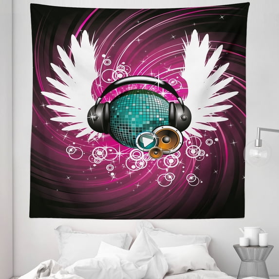 Popstar Party Tapestry, Disco Ball with Headphones and Angel Wings Vibrant Swirl with Circles, Fabric Wall Hanging Decor for Bedroom Living Room Dorm, 5 Sizes, Magenta Black Teal, by Ambesonne