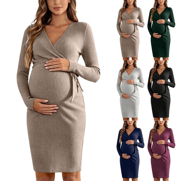 Gfyviroh Women's Maternity Wrap Dress Long Sleeve V-Neck Bow Tie Bodycon Dress Ribbed Knit Knee Length Pregnancy Nursing Dress for Women