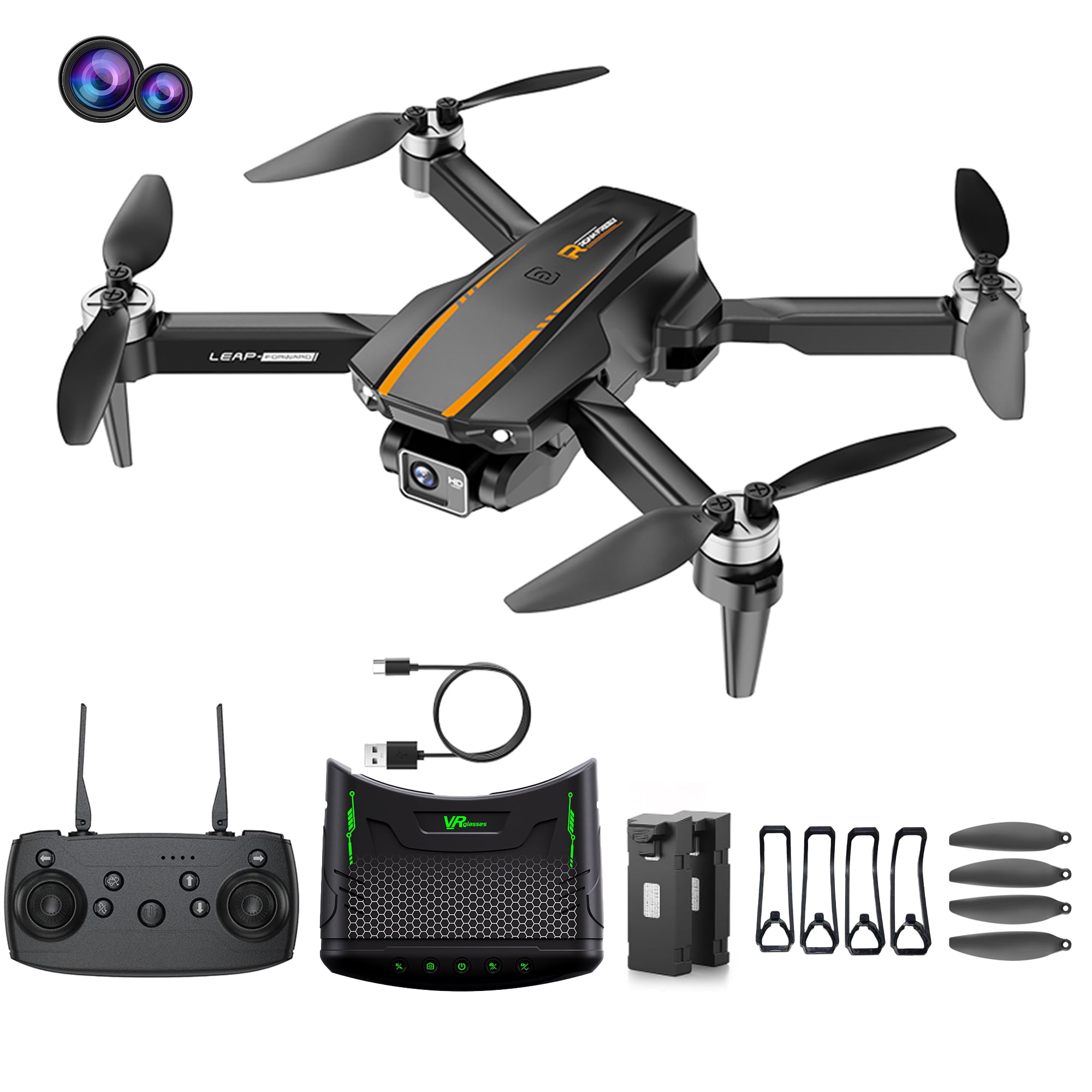 Ourlife Foldable FPV Drone with Dual Cameras, VR Goggles 2.4" Display, Brushless Motor, Obstacle Avoidance RC Quadcopter