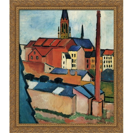Wood Chimney - St. Mary's with Houses and Chimney (Bonn) 28x32 Large Gold Ornate Wood Framed Canvas Art by August Macke