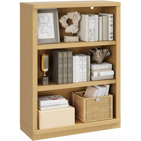 Rresyet 3 -Tier Bookcase and Bookshelf, 31” Wide Bookshelves, Wooden Bookcase Display Storage for Home Office, Living Room and Study (Wood)