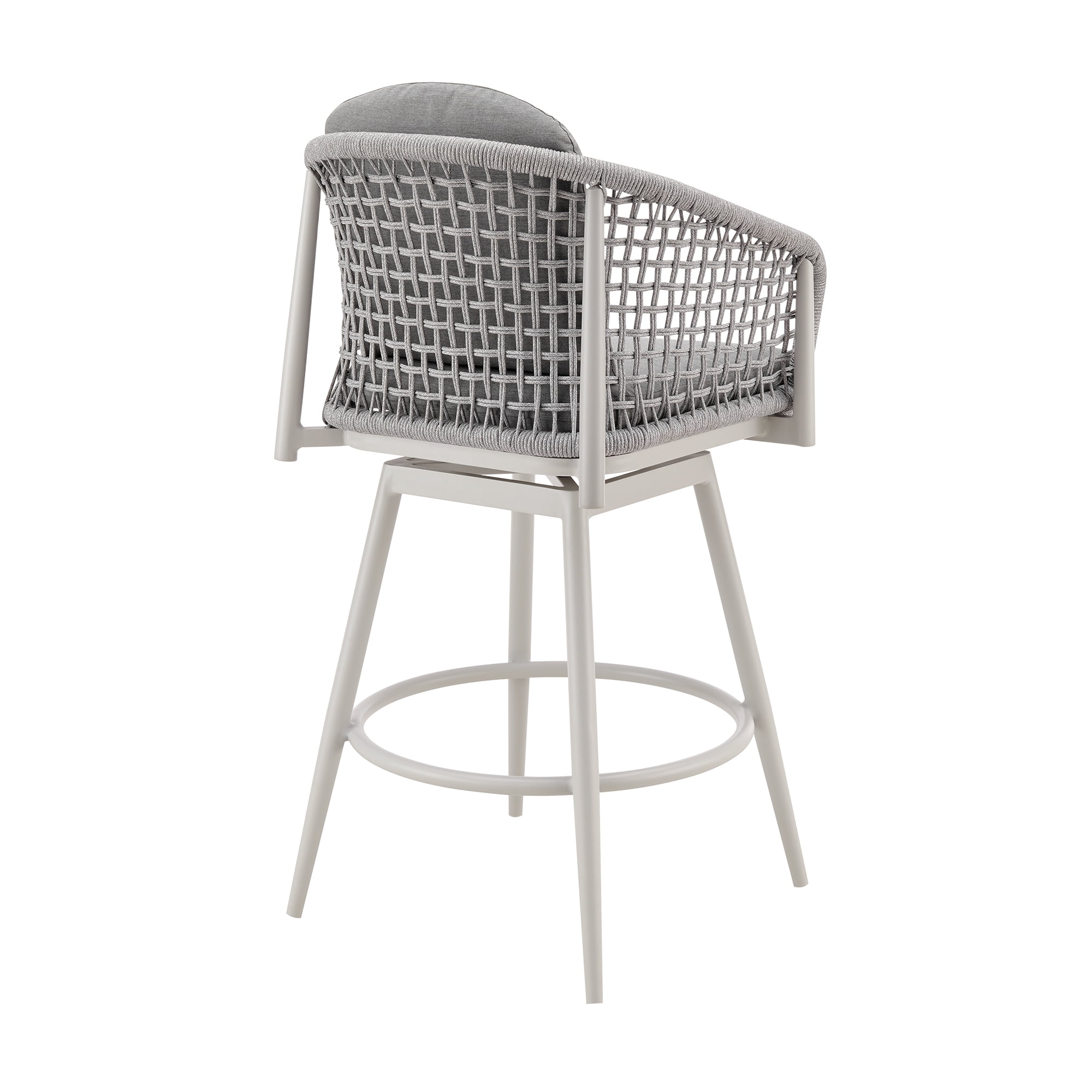 Rhodes Outdoor Patio Swivel Counter Stool in Aluminum with Light Gray Rope and Cushions - Set of 3