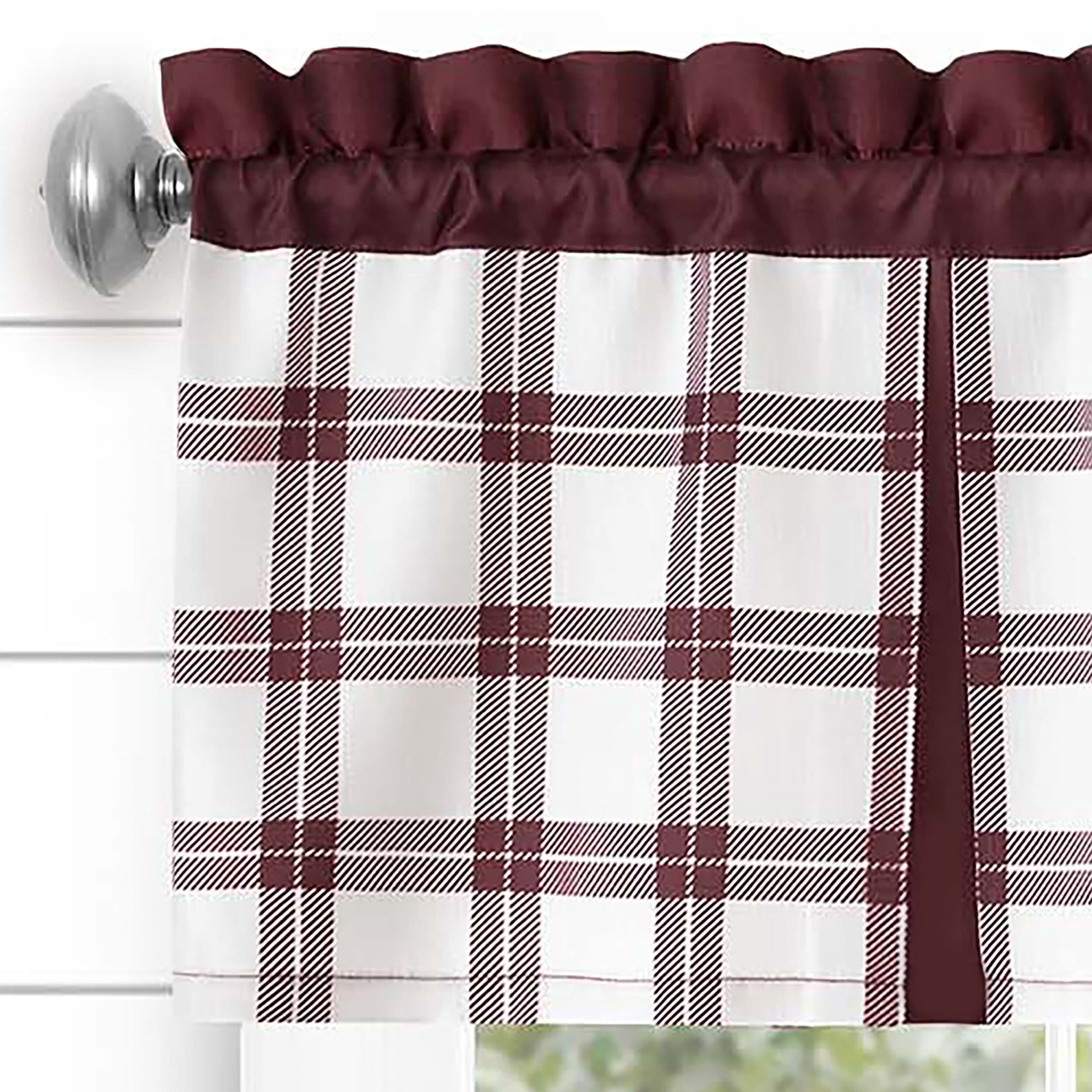 Achim Tate Plaid Light Filtering Tier and Valance Curtain Set, Burgundy, 58" x 24"