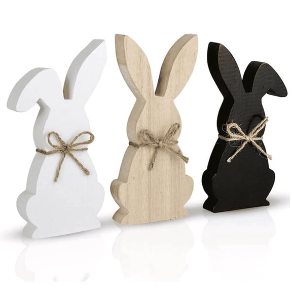 ZHUER Easter Vintage Wooden Bunny Decorations for Farmhouse Indoor Home Office Party Tabletop Centerpiece Signs, Set of 3, 7"