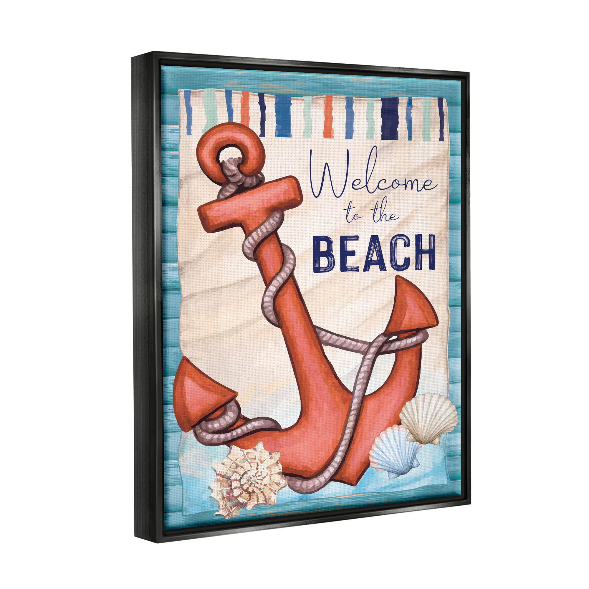 Stupell Welcome To Beach Nautical Anchor Stripes Landscape Painting Black Floater Framed Art Print Wall Art