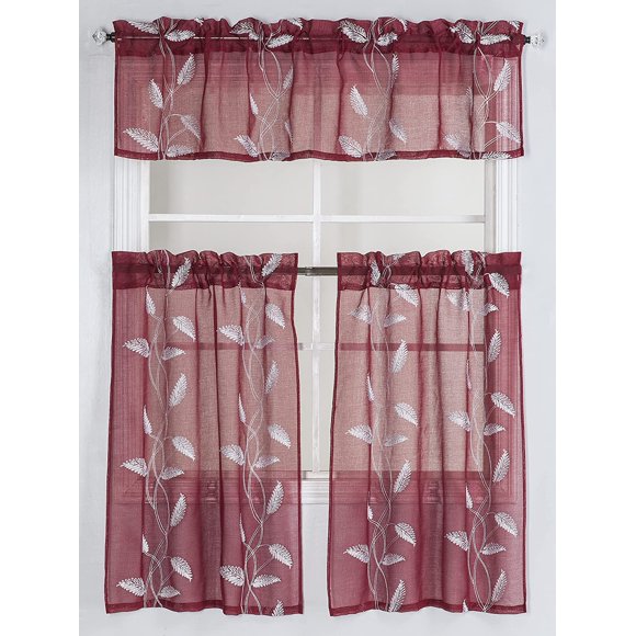Kitchen Curtain Sheer with Elegant Leaf Embroidery (3pc Set- 2 Tiers and 1 Valance) (Burgundy)