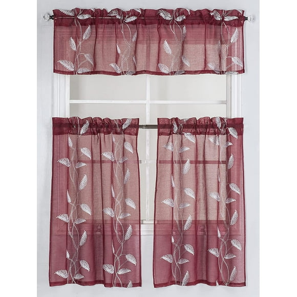 Kitchen Curtain Sheer with Elegant Leaf Embroidery (3pc Set- 2 Tiers and 1 Valance) (Burgundy)