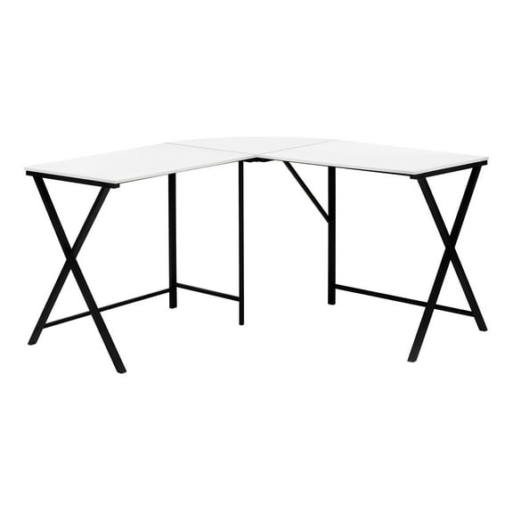 Office Desks Computer Desk, Home Office, Corner, 55"l, L Shape, Work, Laptop, White Laminate, Black Metal, Contemporary, Modern,Home Office Desks