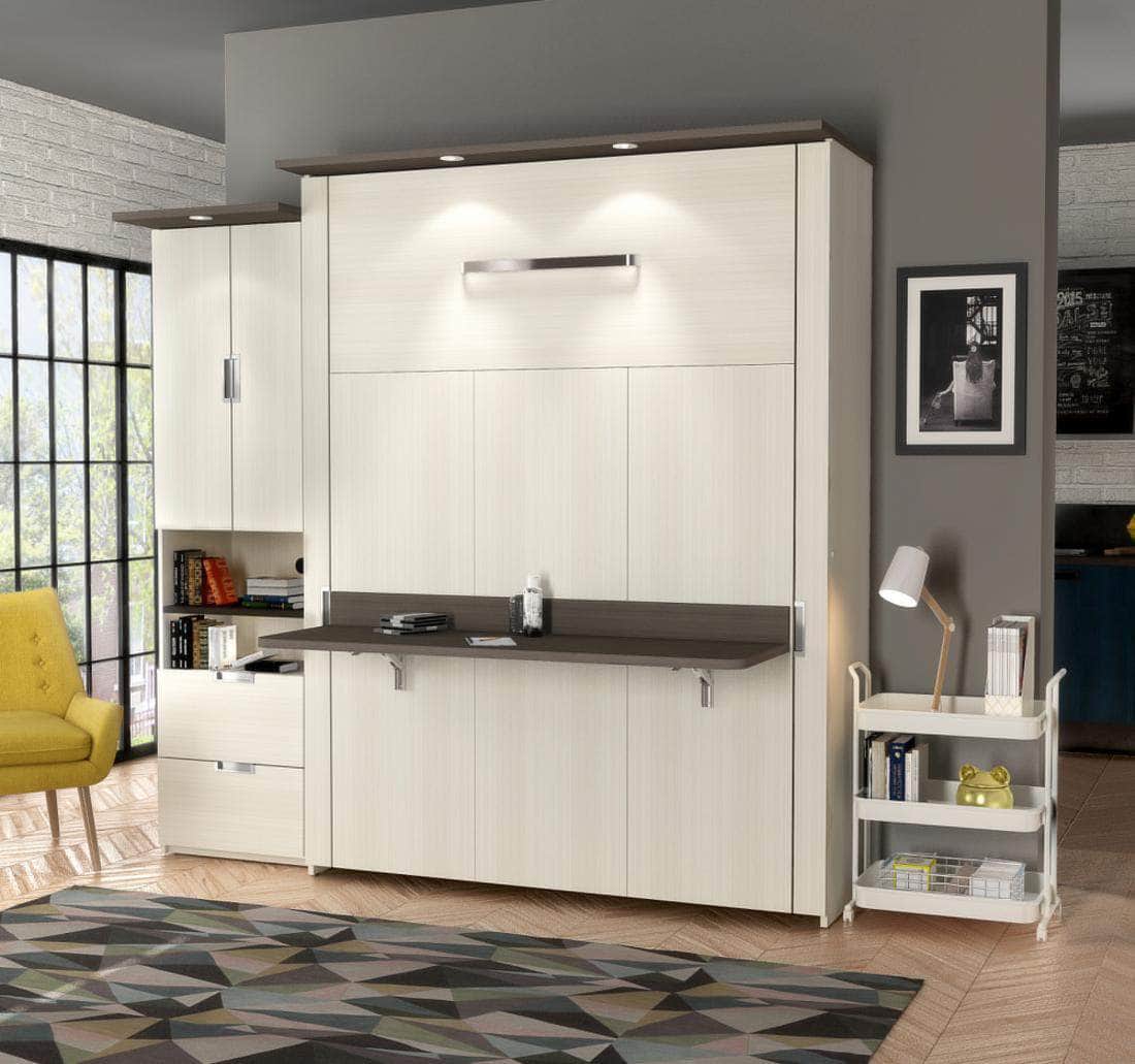 Lumina Queen Murphy Bed with Desk and 1 Storage Unit in White Chocolate