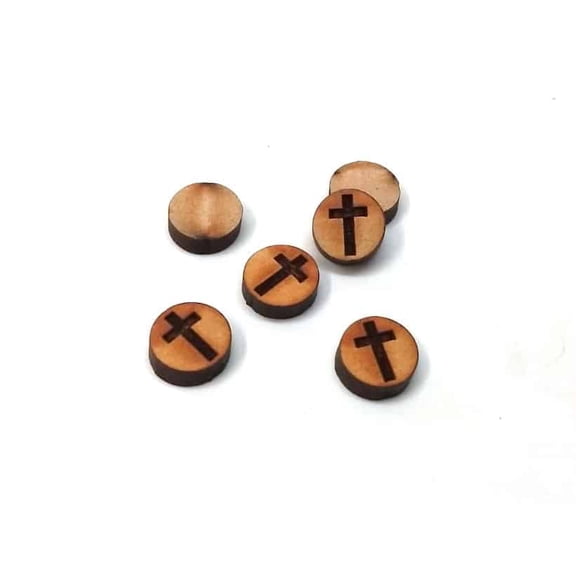 WP0002 - 10 pcs Wood Engraved Cabochons - Cross - 12mm - Flat Coin Circle