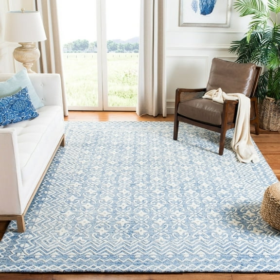 SAFAVIEH Blossom Azura Geometric Wool Area Rug, Blue/Ivory, 6' x 6' Round