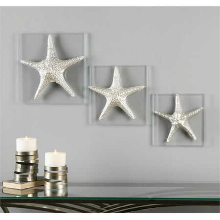Ambient Metallic Silver Starfish Replicas Attached To Thick Clear Ambient Metallic Silver Starfish Replicas Attached To Thick Clear Gl Plaques Metal Wall Art