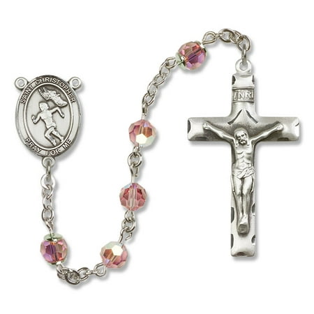 St Christopher Track Field Catholic Rosary With Light Rose St Christopher Track Field Catholic Rosary With Light Rose Swarvoski Austrian Crystal Beads In All Sterling Silver By Bliss Mfg Made The Usa