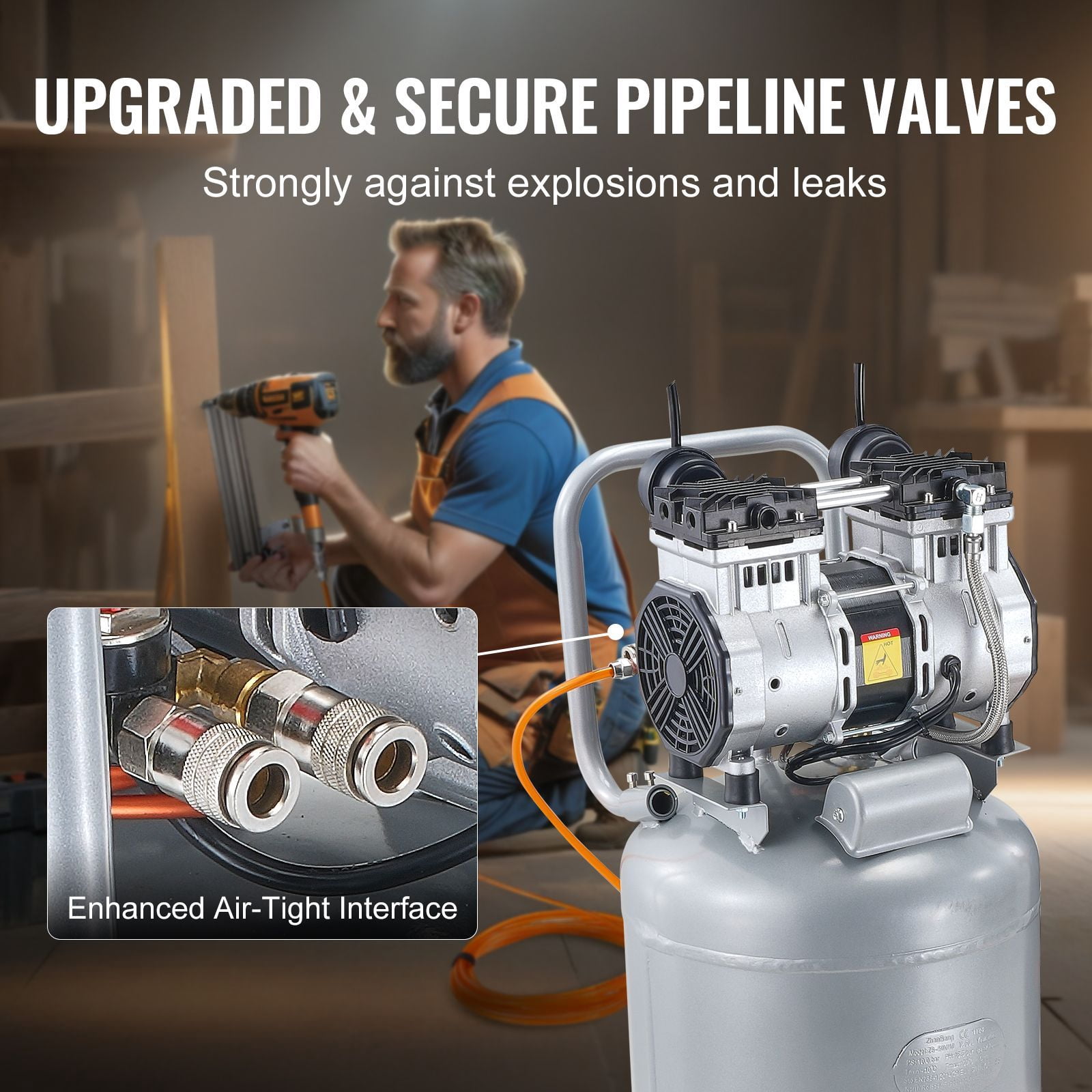 13 Gallon Air Compressor, 66dB Ultra-Quiet Compressor for Tire Inflation, Auto Repair, 2HP 4.6 SCFM@90PSI Oil Free Air Compressor Tank, Woodwork Nailing, Spray Painting (125PSI Max Pressure)