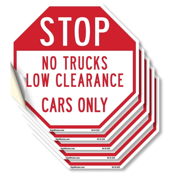 Stop No Trucks Low Clearance Cars Only (5 Pack) 4 inch X 4 inch Octagon Vinyl Label Decal Sticker Weather Resistant, UV Protected for Workplace, Made in the USA
