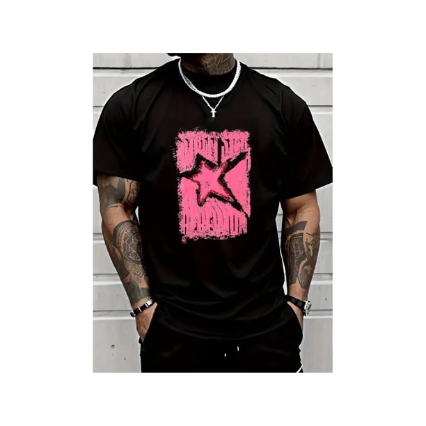 Camiseta estilo hip-hop para hombre, 100 % algodón, con gráfico de estrella llamativo. Informal, transpirable y lavable a máquina. Perfecta para fiestas, deportes y ropa informal.