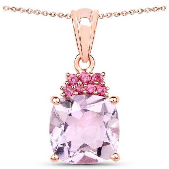 Genuine Pink Amethyst and Rhodolite Garnet Necklace in Sterling Silver with 18K Rose Gold Plating – Cushion Cut Pendant Jewelry for Women by Fine Color Jewels