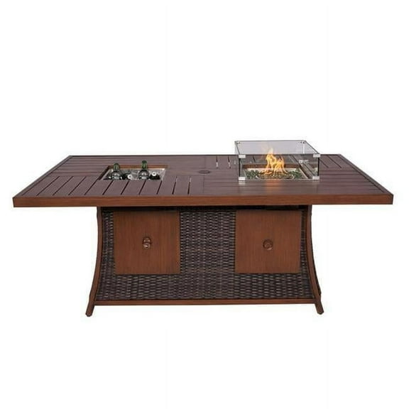 Direct Wicker UBS-1106FI-Brown Outdoor Patio Gas Firepit and Ice Container Rectangle Dining Table, Brown