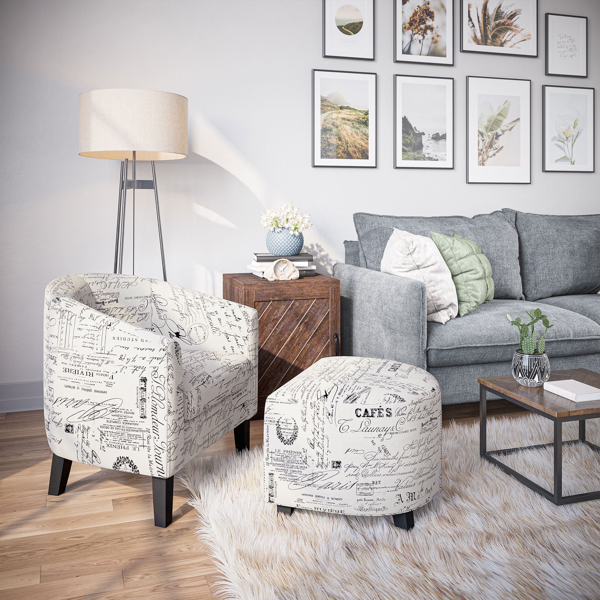 BELLEZE Accent Chair with Ottoman Set of 2, Curved Back Living Room Chair, Stylish Barrel Club Chair & Footrest Set, Upholstered Round Tub Reading Chair for Bedroom- Lydia (White French Pattern/Linen)