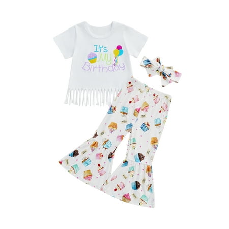 

Bagilaanoe Baby Toddler Girl Birthday Outfits Short Sleeve Tassel Top Bell Bottoms Pants Headband for 2 3 4 5 6 Year Old Girl Birthday